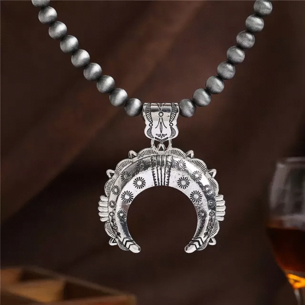 African beads tribal silver moon necklace